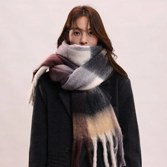 Simple Mohair Plaid Wool Scarf Tassel Plush Winter Cashmere Scarves Warm Thicken Long Shawl Autumn Winter