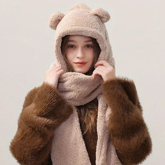 Plush teddy bear hat scarf one-piece women&