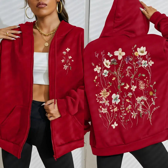 Beautiful Flower Clusters Printing Women Zipper Hoodie Vintage All-Match Hoodies Street Casual Streetwear Autumn Tracksuit