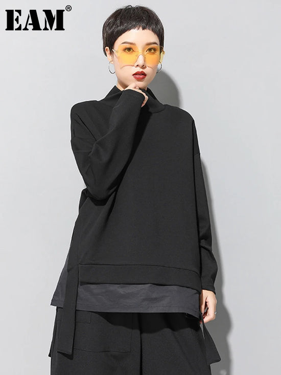 [EAM] Loose Fit Asymmetrical Big Size Sweatshirt New High Collar Long Sleeve Women Big Size Fashion Spring Autumn 2025 19A-a124
